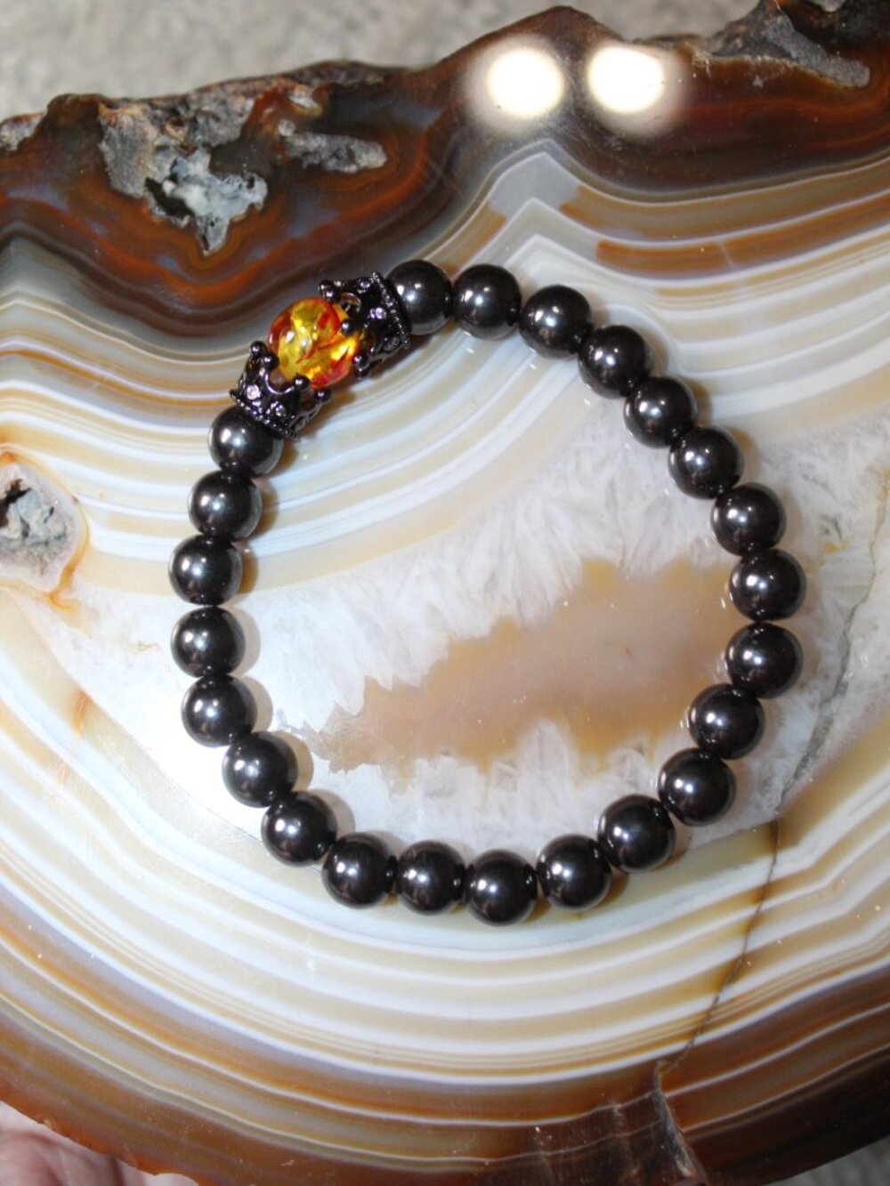 Natural Black Stone Bead Orange Accent  Bead Stretch Bracelet